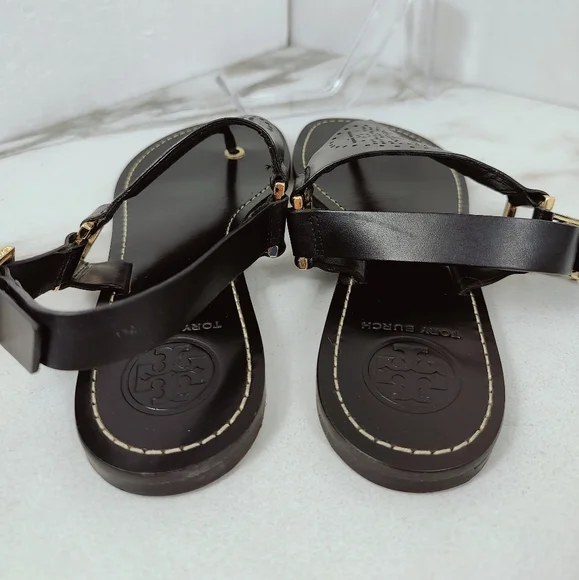 EUC Tory Burch Black Perforated Leather Logo Thong Sandals, Sz 7 - Picture 7 of 9